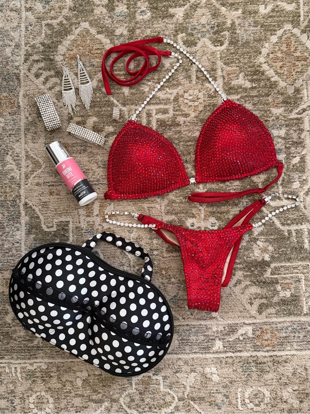 NPC Bikini Competitor Red Sparkle Bikini WITH case, jewelry, and Bikini Bite